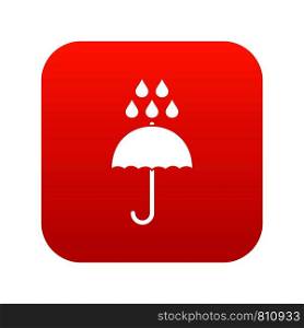 Umbrella and rain drops icon digital red for any design isolated on white vector illustration. Umbrella and rain drops icon digital red