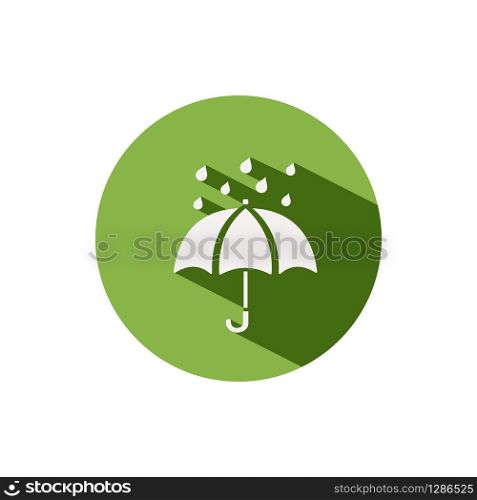 Umbrella and rain. Icon on a green circle. Weather glyph vector illustration