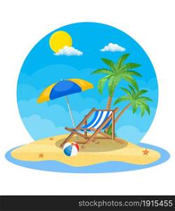 Umbrella and sun lounger on the beach and a palm tree. Beach chair, ball and starfish with sea on tropical background. Vector illustration in flat style. Umbrella and sun lounger on the beach