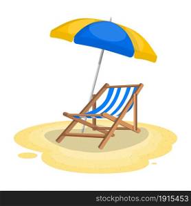Umbrella and sun lounger on the beach. Vector illustration in flat style. Umbrella and sun lounger on the beach