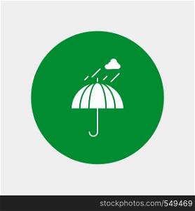 Umbrella, camping, rain, safety, weather White Glyph Icon in Circle. Vector Button illustration. Vector EPS10 Abstract Template background