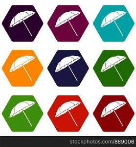 Umbrella icon set many color hexahedron isolated on white vector illustration. Umbrella icon set color hexahedron