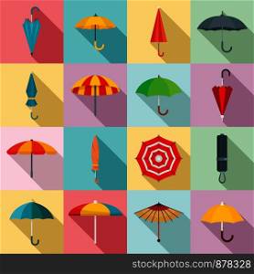 Umbrella icons set. Flat set of umbrella vector icons for web design. Umbrella icons set, flat style
