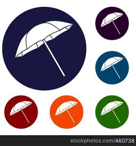 Umbrella icons set in flat circle reb, blue and green color for web. Umbrella icons set