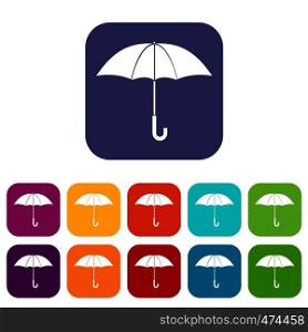 Umbrella icons set vector illustration in flat style In colors red, blue, green and other. Umbrella icons set