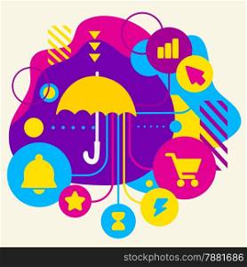 Umbrella on abstract colorful spotted background with different icons and elements. Flat design for the web, interface, print, banner, advertising.