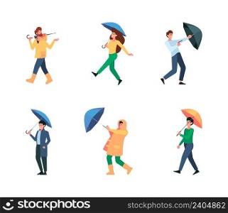 Umbrella people. Walking persons male and female with umbrella in rainy and windy weather garish vector flat characters isolated. Illustration of woman and man under umbrella. Umbrella people. Walking persons male and female with umbrella in rainy and windy weather garish vector flat characters isolated