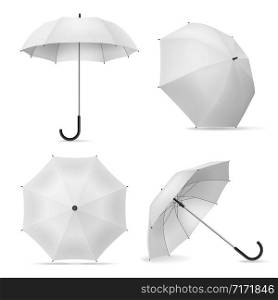 Umbrella. Realistic white open parasols various positions, top and front view rain accessories template for branding, advertise isolated vector mockup. Umbrella. Realistic white open parasols various positions, top and front view rain accessories template for branding, advertise vector mockup