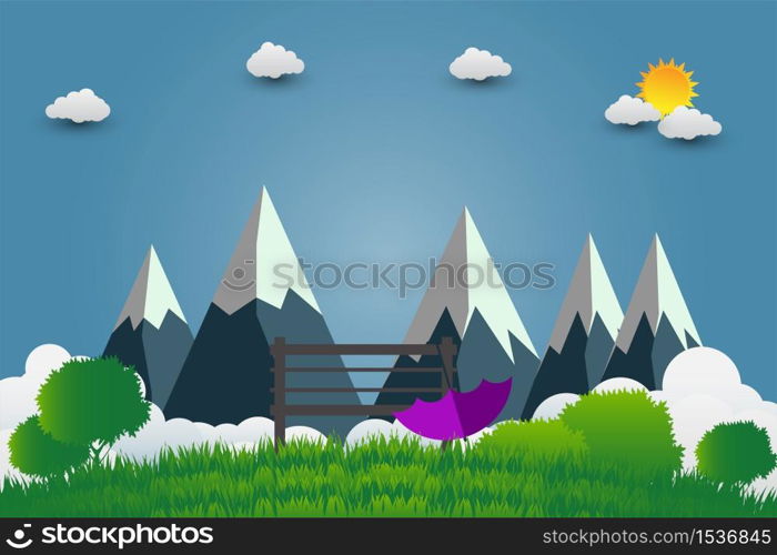 umbrellas and chair, mountains with beautiful sunsets over the clouds,Vector illustration