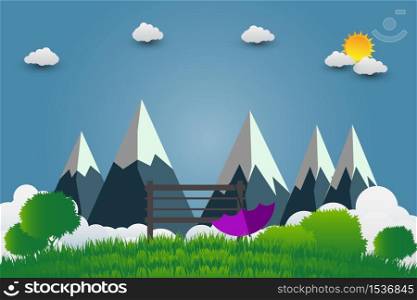 umbrellas and chair, mountains with beautiful sunsets over the clouds,Vector illustration