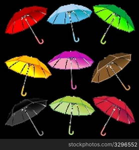 umbrellas collection against black background, abstract vector art illustration