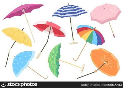 Umbrellas mega set graphic elements in flat design. Bundle of open parasols with different colors and patterns, types of handles for beach, rain and sunny weather. Vector illustration isolated objects. Umbrellas Vector Set