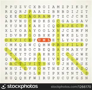 UML - Unified Modeling Language vector background illustration as word search puzzle with highlighted keywords
