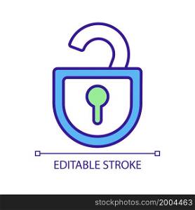 Unblocked access RGB color icon. Unlocked padlock. Free access without restrictions. Reliable security. Remove lock. Isolated vector illustration. Simple filled line drawing. Editable stroke. Unblocked access RGB color icon