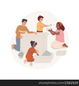 Unboxing items isolated cartoon vector illustration Family moving to a new house, kids help to unbox household items, happy parents open box, home renovation, unpacking vector cartoon.. Unboxing items isolated cartoon vector illustration