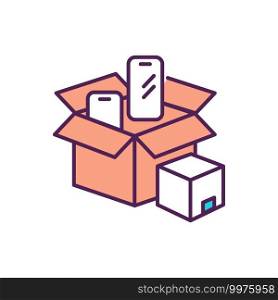 Unboxing technology RGB color icon. Unpacking electronic devices for review. Safe product delivery. Shipping gadgets. Smart shopping tips. E-commerce and retail. Isolated vector illustration. Unboxing technology RGB color icon
