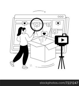 Unboxing video abstract concept vector illustration. Unboxing new item, product review video, shopping device content, homemade advertising, blog monetization, vlog post idea abstract metaphor.. Unboxing video abstract concept vector illustration.