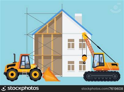 Unbuilt building and machinery vector, tractor and excavator. Crane with hook, transportation of cargo, lifter for bulky and heavy items. construction. Crane and Bulldozer with Building in Process