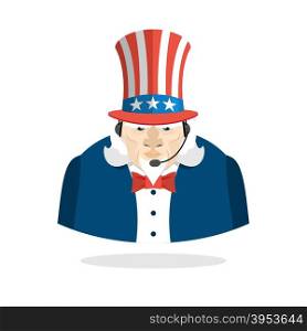 Uncle Sam call center. Uncle Sam and headset. Symbol of America responds to phone calls. Patriotic Customer feedback support. USA call center