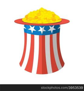 Uncle Sam hat and gold. Cylinder Uncle Sam and gold coins on white background. American hat and money. Hat for independence day. Uncle Sam hat isolated. National Patriotic hat in America