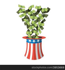 Uncle Sam hat and money. American hat. Hat for independence day. Cylinder Uncle Sam and dollars. Cash drop of hat. Uncle Sam hat on white background. National Patriotic hat in America