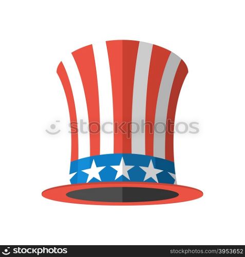 Uncle Sam hat on white background. Cylinder Uncle Sam USA. American hat. Hat for independence day. Uncle Sam hat isolated. National Patriotic hat in America&#xA;