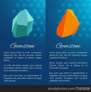 Uncut natural gemstones vertical promotional posters set with headers in italic and simple text cartoon flat vector illustrations on blue background.. Uncut Natural Gemstones Vertical Promo Posters