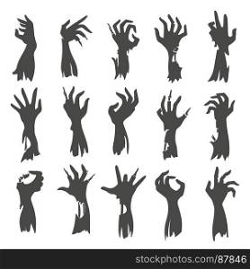 Undead zombie hand silhouettes. Undead zombie hand silhouettes isolated on white background. Dead hands fear scary halloween black creepy vector silhouette set