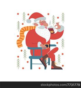 undefined. Christmas card with Santa drinking mulled wine. Vector christmas card.