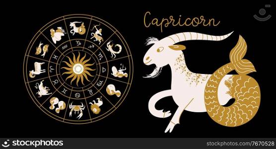 undefined. Zodiac sign Capricorn. Horoscope and astrology. Full horoscope in the circle. Horoscope wheel zodiac with twelve signs vector. 