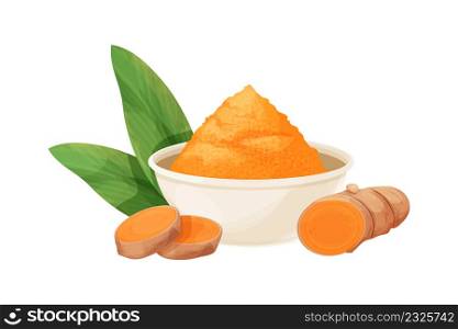 undefinedTurmeric, curcuma dry powder in bowl in cartoon style isolated on white background. Homeopathy ingredient, aromatic Asian cuisine, close up. Vector illustrationTurmeric, curcuma dry powder in bowl in cartoon style isolated on white background. Homeopathy ingredient, aromatic Asian cuisine, close up. Vector illustration
