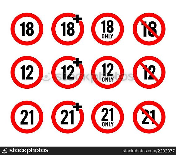 Under 18-12-21 years sign isolated on white background. 18-12-21 plus. Adult only. Vector stock