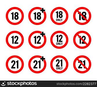 Under 18-12-21 years sign isolated on white background. 18-12-21 plus. Adult only. Vector stock