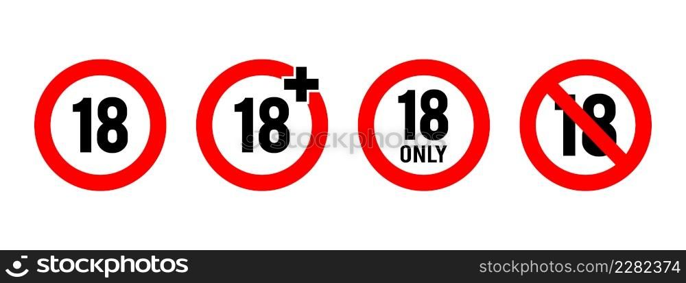 Under 18 years sign isolated on white background. 18 plus. Eighteen plus sign. Adult only. Vector stock