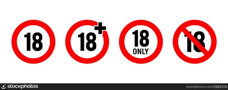 Under 18 years sign isolated on white background. 18 plus. Eighteen plus sign. Adult only. Vector stock