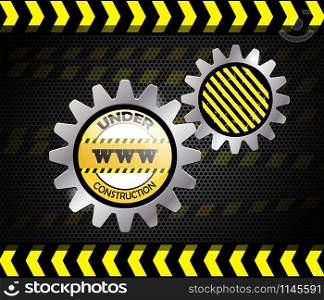Under construction road sign in yellow on black with stripes and gears