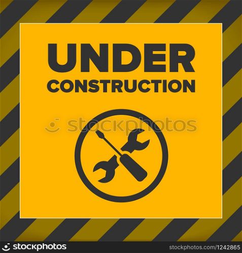 Under construction sign design for website, with abstract orange background. Under construction sign