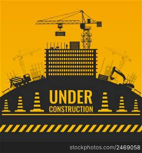 Under construction silhouettes design with building and equipment on hill barrier tape and cones vector illustration. Under Construction Silhouettes Design