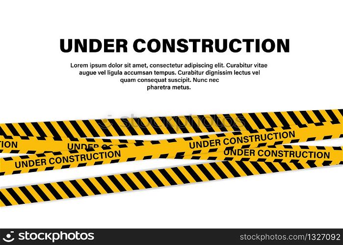 Under construction tape or ribbon banner. Yellow vector illustration. Black vector attention caution sign. Yellow warning tape. Warning attention sign. Attention caution illustration. EPS 10