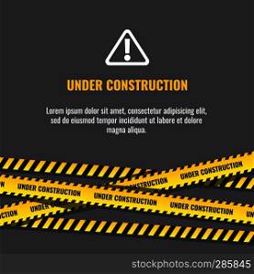 Under construction website page with black and yellow striped borders vector illustration. Border stripe web, warning banner. Under construction website page with black and yellow striped borders vector illustration