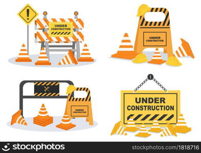 Under Construction With Symbol Worker Hold Stop or Road Sign, Tape Warning, Cone, Site Barrier. Background Vector Flat Cartoon Illustration