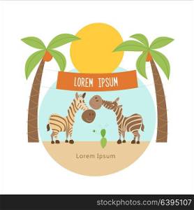 Under the palms there are two striped zebras. the African animals. Vector illustration. Isolated on white background.