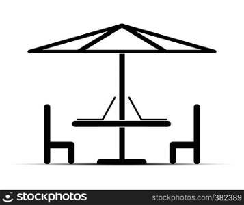 Under umbrella table with laptops and chairs, flat design