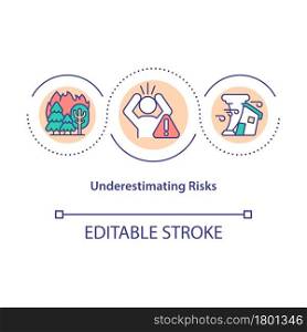 Underestimating risks concept icon. Global warming issues. Climate change human denial. Wildfires increase abstract idea thin line illustration. Vector isolated outline color drawing. Editable stroke. Underestimating risks concept icon