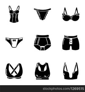 Undergarment icons set. Simple set of 9 undergarment vector icons for web isolated on white background. Undergarment icons set, simple style