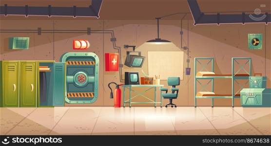 Underground bunker, empty bomb shelter control room, headquarters base for survival. Secret scientific laboratory command post with control panel, furniture, radio station cartoon vector illustration. Underground bunker empty bomb shelter control room