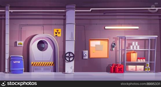 Underground bunker interior design. Vector cartoon illustration of shelter room with radiation hazard sign, gas mask on congrete wall, metal door, shelves with water, canned food and equipment stock. Underground bunker interior design