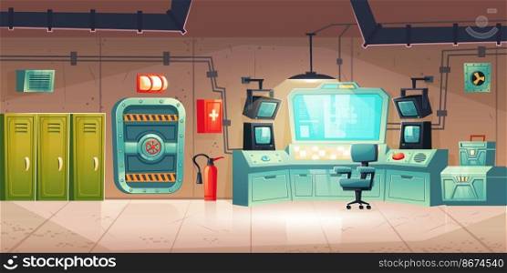 Underground bunker interior with lockers, control panel with monitors, armored door. Vector cartoon illustration of bomb shelter for survival under nuclear war. Secret science base or lab. Underground bunker interior, bomb shelter