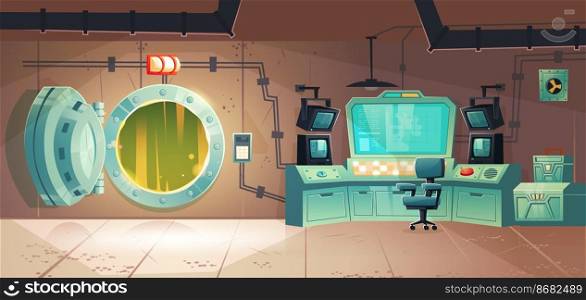 Underground bunker, scientific laboratory for secret project research. Headquarters base control room or command post with open vault door, information screen, red button Cartoon vector illustration. Underground bunker, scientific laboratory interior