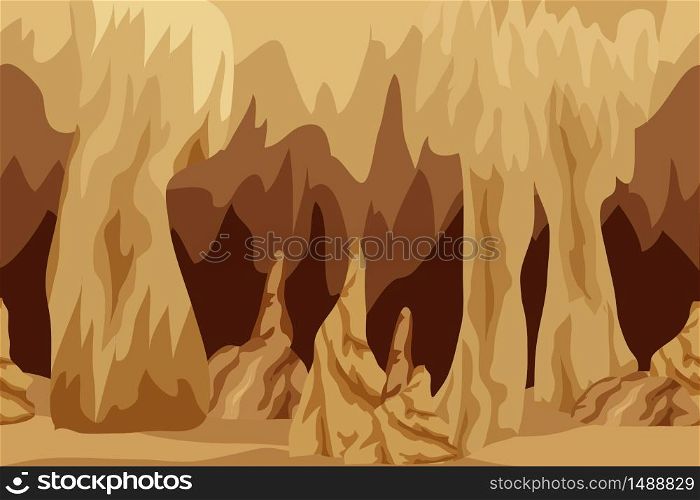 Underground cave landscape. Background for cartoon or adventure fantasy game asset for level design. Underground city of dark elves or gnomes, mysterious night cave realm. Vector illustration